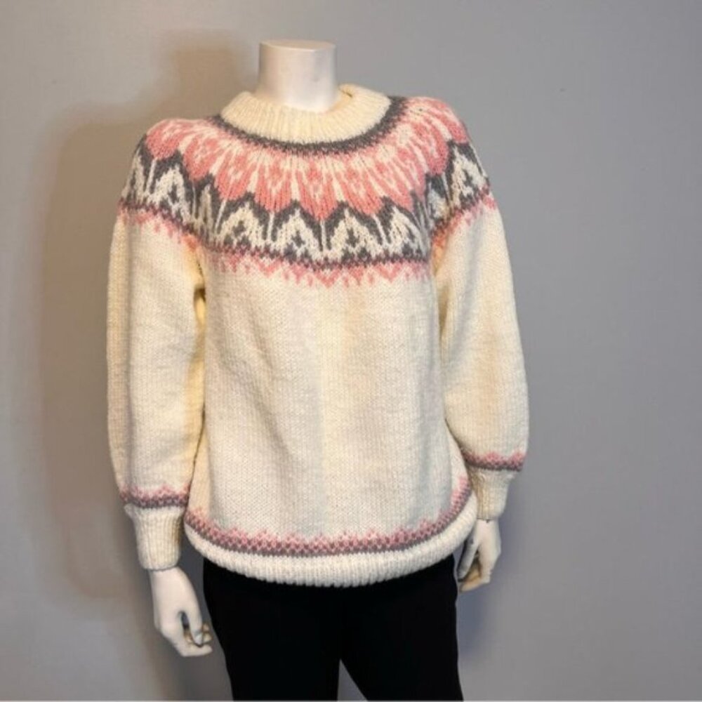 Hand Knitted Cream Pink Fair Isle Jumper Sweater Size M